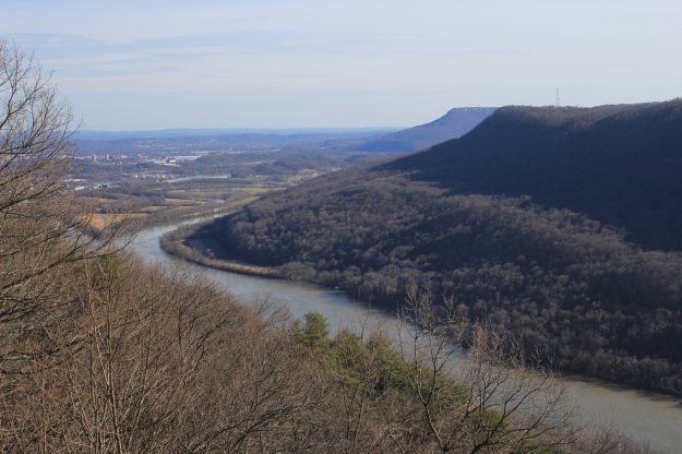 View of the Tennessee River and valley from Signal Point with Lookout Mountain in center-right background.