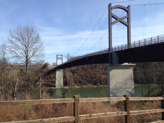 The Cumberland pedestrian bridge. As an engineer, I enjoy inspecting the cabling and trying to deduce the loading profiles of each member.