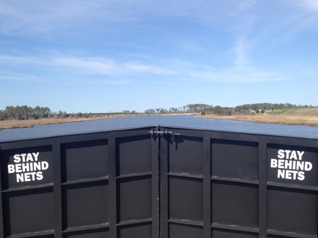 Ferry nearing Swan Quarter, NC. Stay behind the nets!